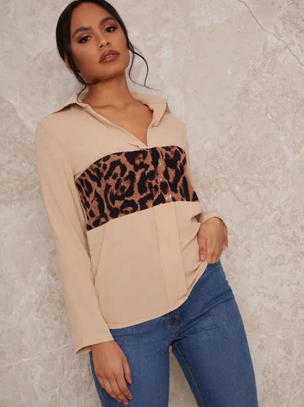 Long Sleeve Animal Print Shirt in Beige made by Chi Chi London