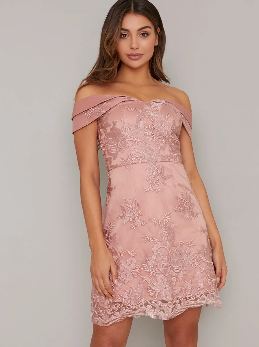 Bardot Lace Overlay Mini Dress In Rose Gold sold by Chi Chi London product image thumbnail 2