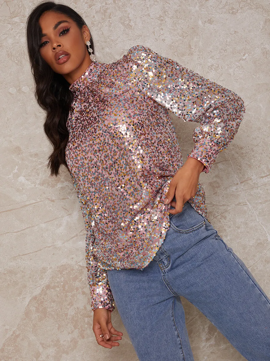 Long Sleeve High Neck Sequin Top in Multi sold by Chi Chi London