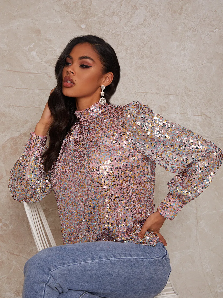 Long Sleeve High Neck Sequin Top in Multi sold by Chi Chi London product image thumbnail 3