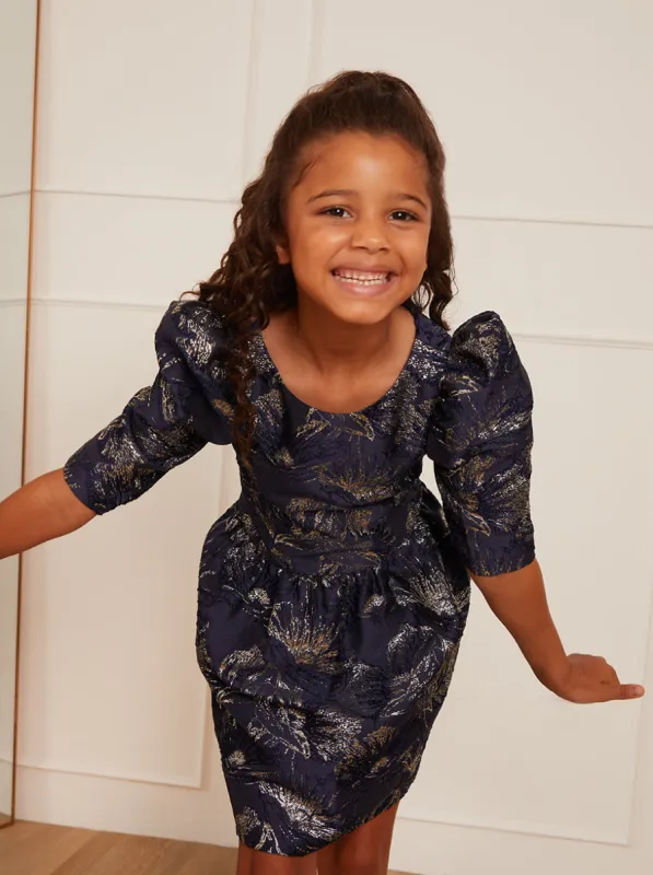 Younger Girls Long Sleeve Jacquard Mini Dress in Navy sold by Chi Chi London