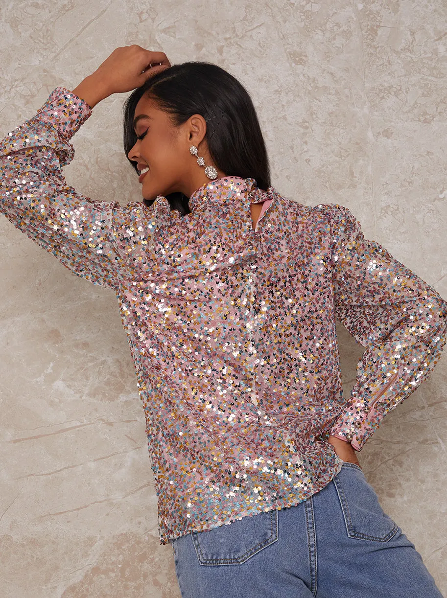 Long Sleeve High Neck Sequin Top in Multi sold by Chi Chi London product image thumbnail 2