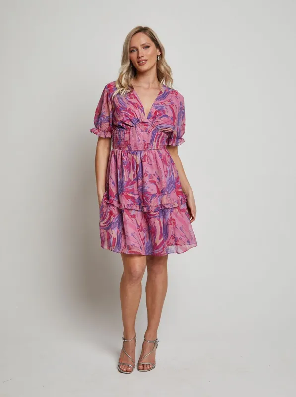 Puff Sleeve V Neck Tiered Abstract Mini Dress in Pink made by Chi Chi London