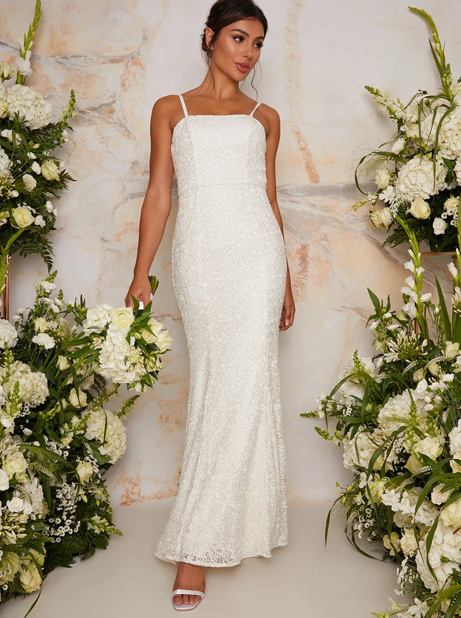 Cami Sequin Embellished Wedding Dress in White sold by Chi Chi London