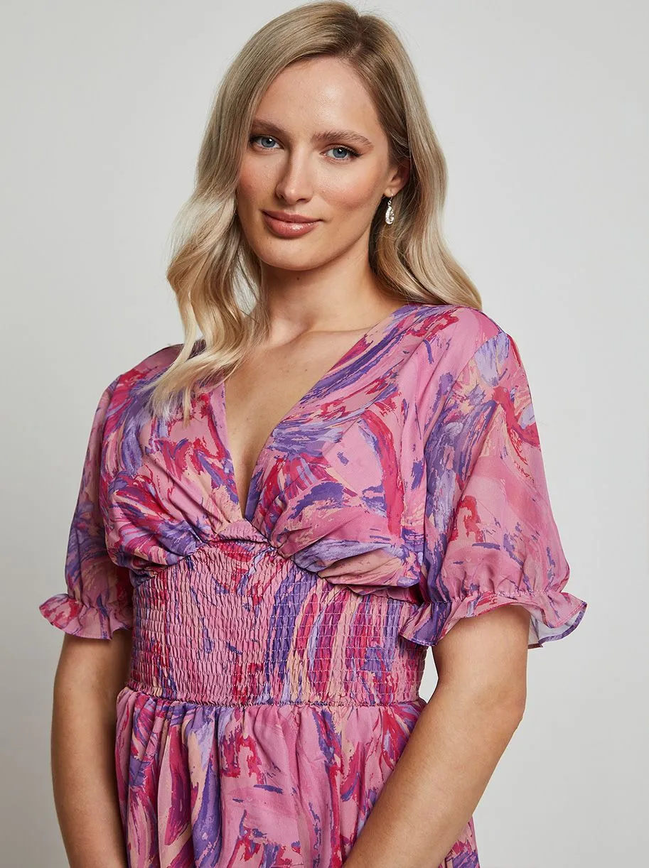 Puff Sleeve V Neck Tiered Abstract Mini Dress in Pink sold by Chi Chi London product image thumbnail 3