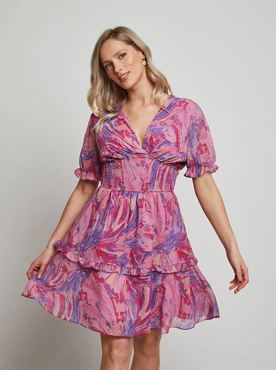 Puff Sleeve V Neck Tiered Abstract Mini Dress in Pink sold by Chi Chi London product image thumbnail 4