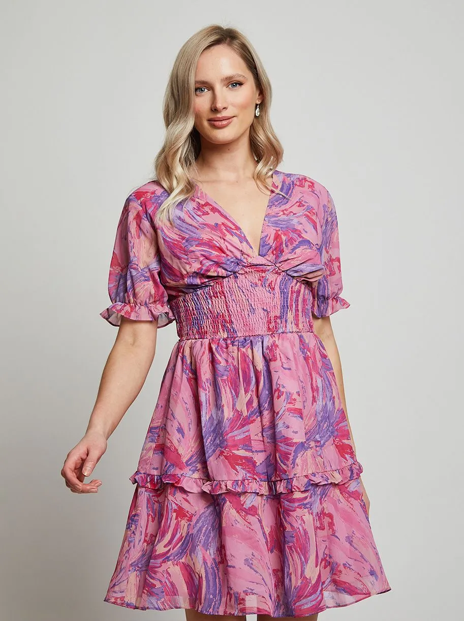 Puff Sleeve V Neck Tiered Abstract Mini Dress in Pink sold by Chi Chi London product image thumbnail 2