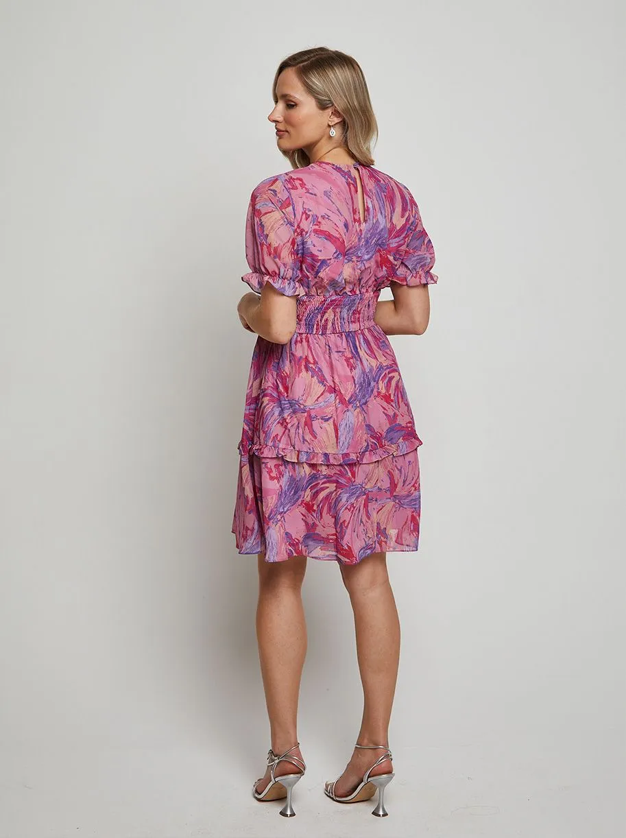 Puff Sleeve V Neck Tiered Abstract Mini Dress in Pink sold by Chi Chi London product image thumbnail 5