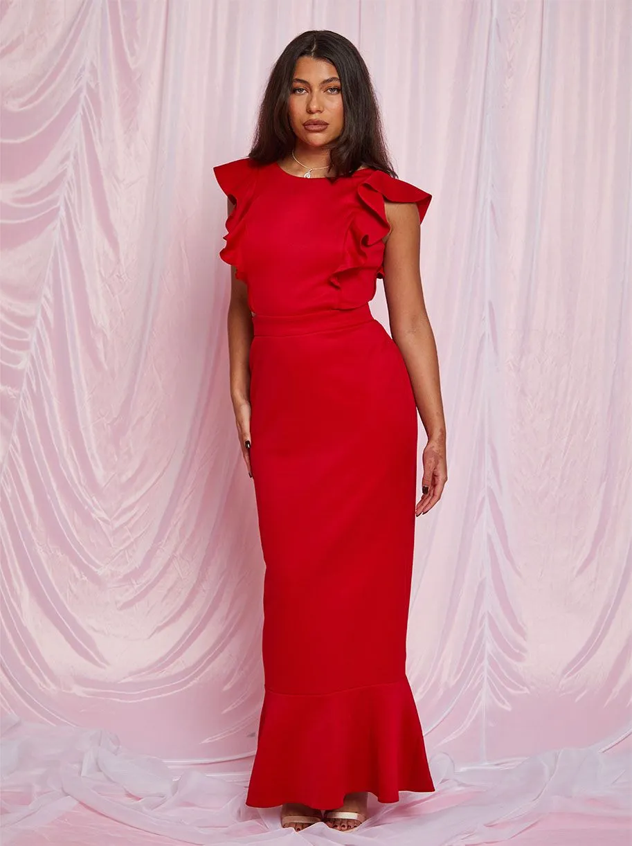 Ruffle Sleeve Cut Out Back Maxi Dress in Red sold by Chi Chi London product image thumbnail 3