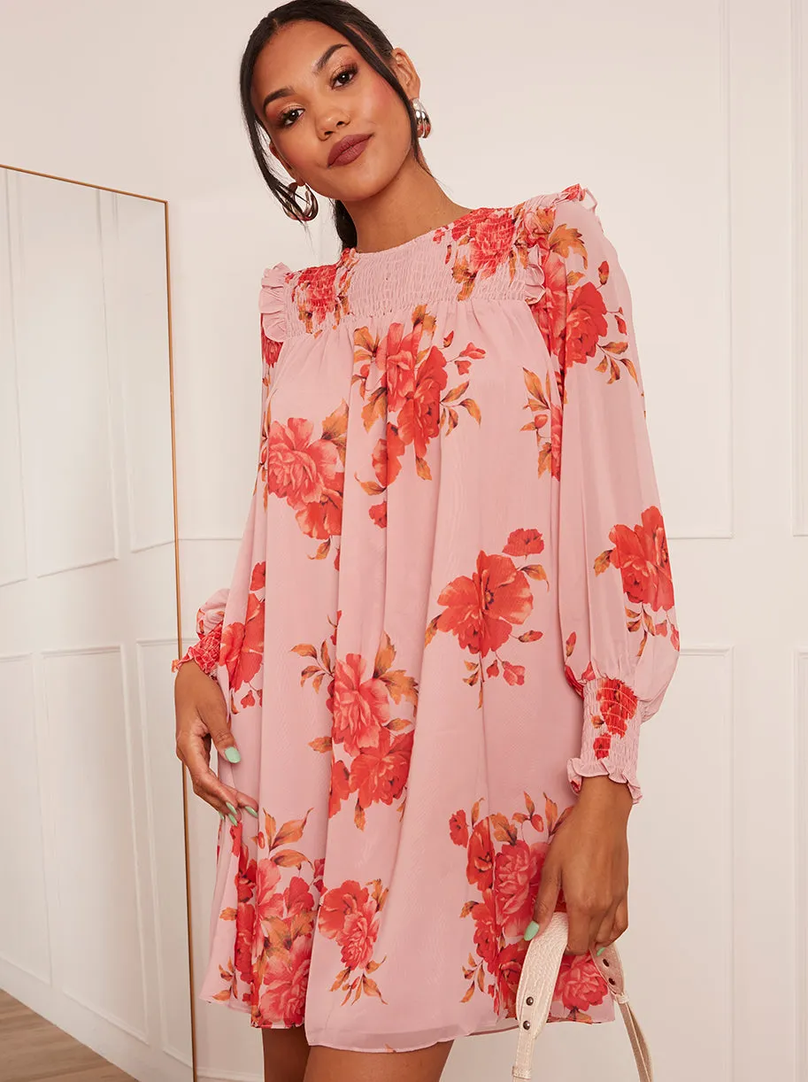 Long Sleeve Floral Printed Mini Dress in Pink sold by Chi Chi London
