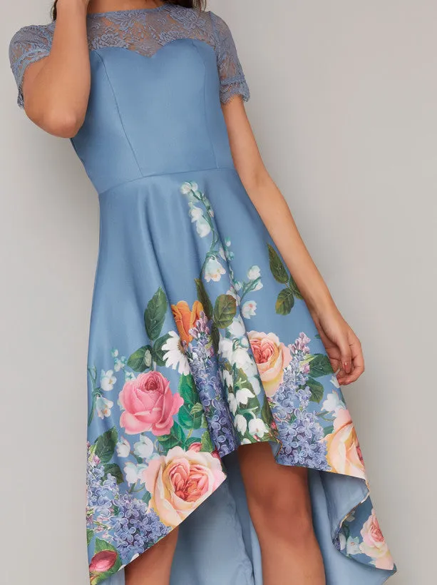 Lace Detail Border Print Dip Hem Dress in Blue sold by Chi Chi London product image thumbnail 2