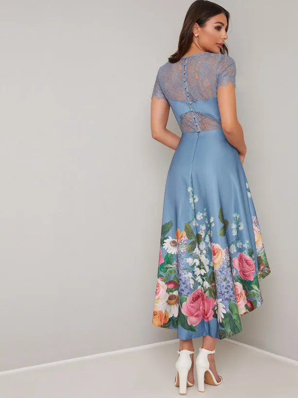 Lace Detail Border Print Dip Hem Dress in Blue sold by Chi Chi London product image thumbnail 3