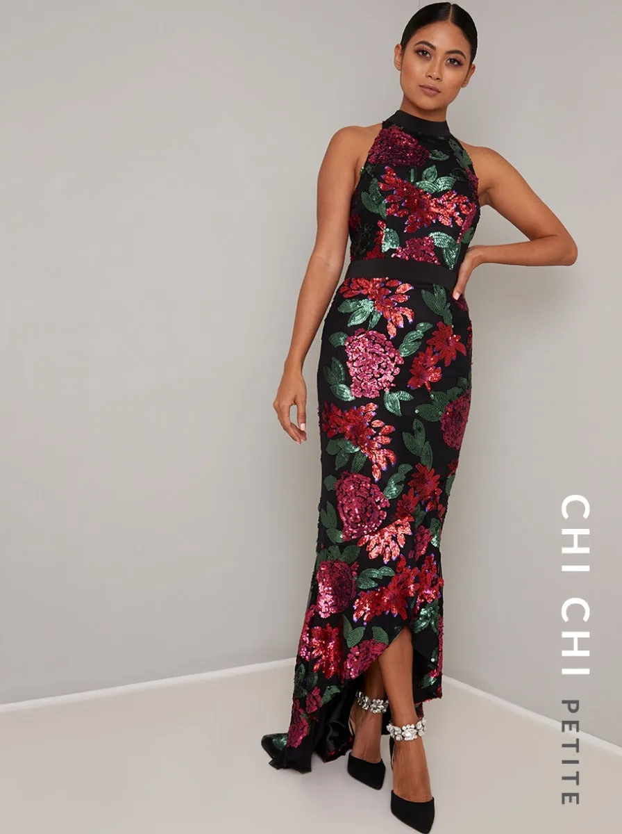 Petite High Neck Sequin Bodycon Maxi Dress in Black sold by Chi Chi London product image thumbnail 2