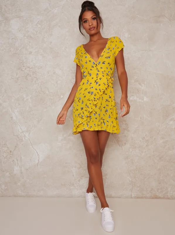 Floral Print Mini Dress in Yellow sold by Chi Chi London