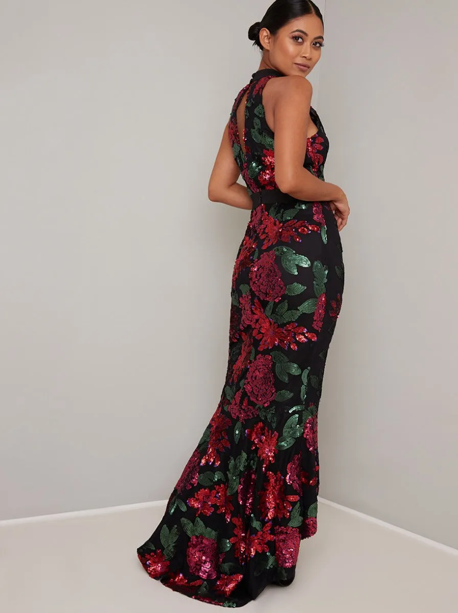 Petite High Neck Sequin Bodycon Maxi Dress in Black sold by Chi Chi London product image thumbnail 3