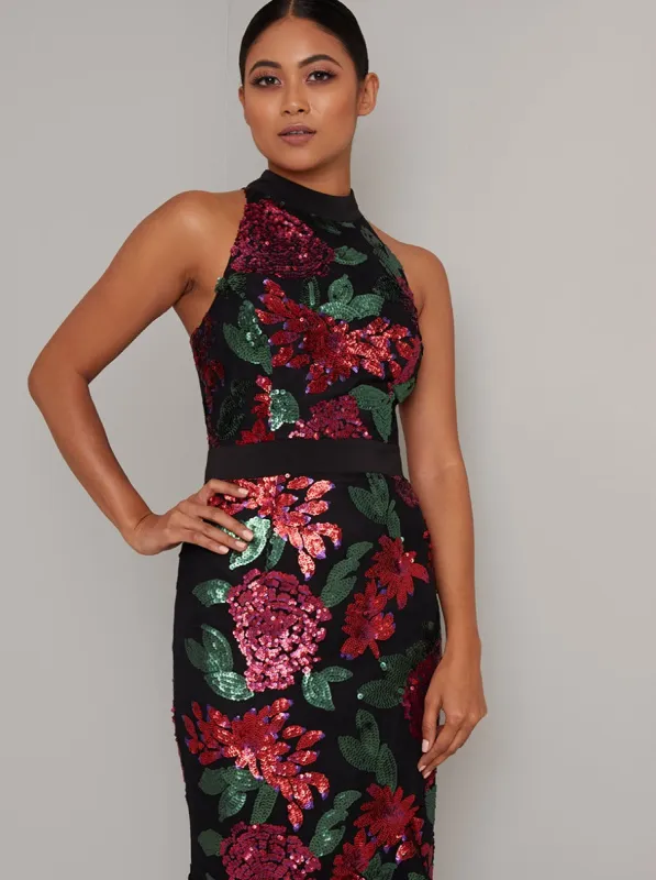 Petite High Neck Sequin Bodycon Maxi Dress in Black sold by Chi Chi London