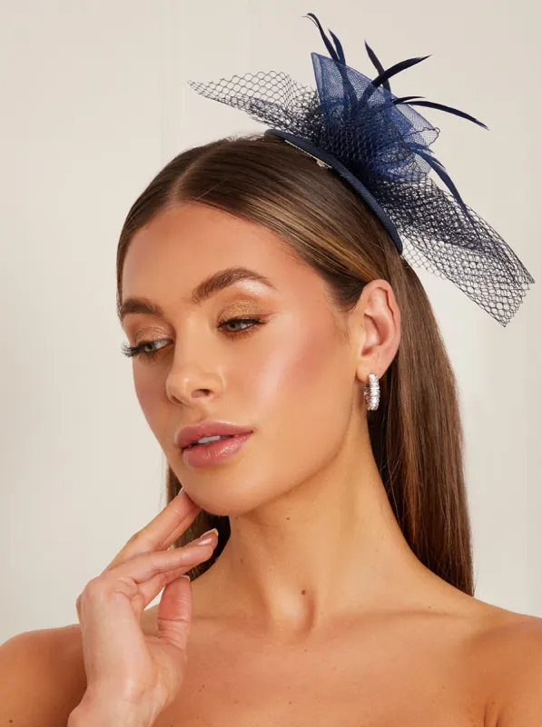 Flower Detail Mesh Fascinator in Navy sold by Chi Chi London