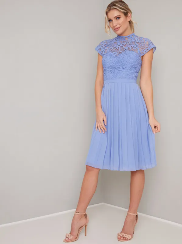 Lace Bodice Pleated Midi Dress in Blue sold by Chi Chi London
