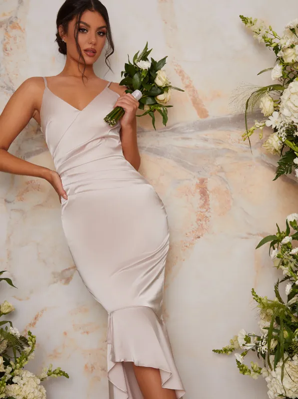 Bodycon Fishtail Satin Wrap Style Dress in Neutral sold by Chi Chi London