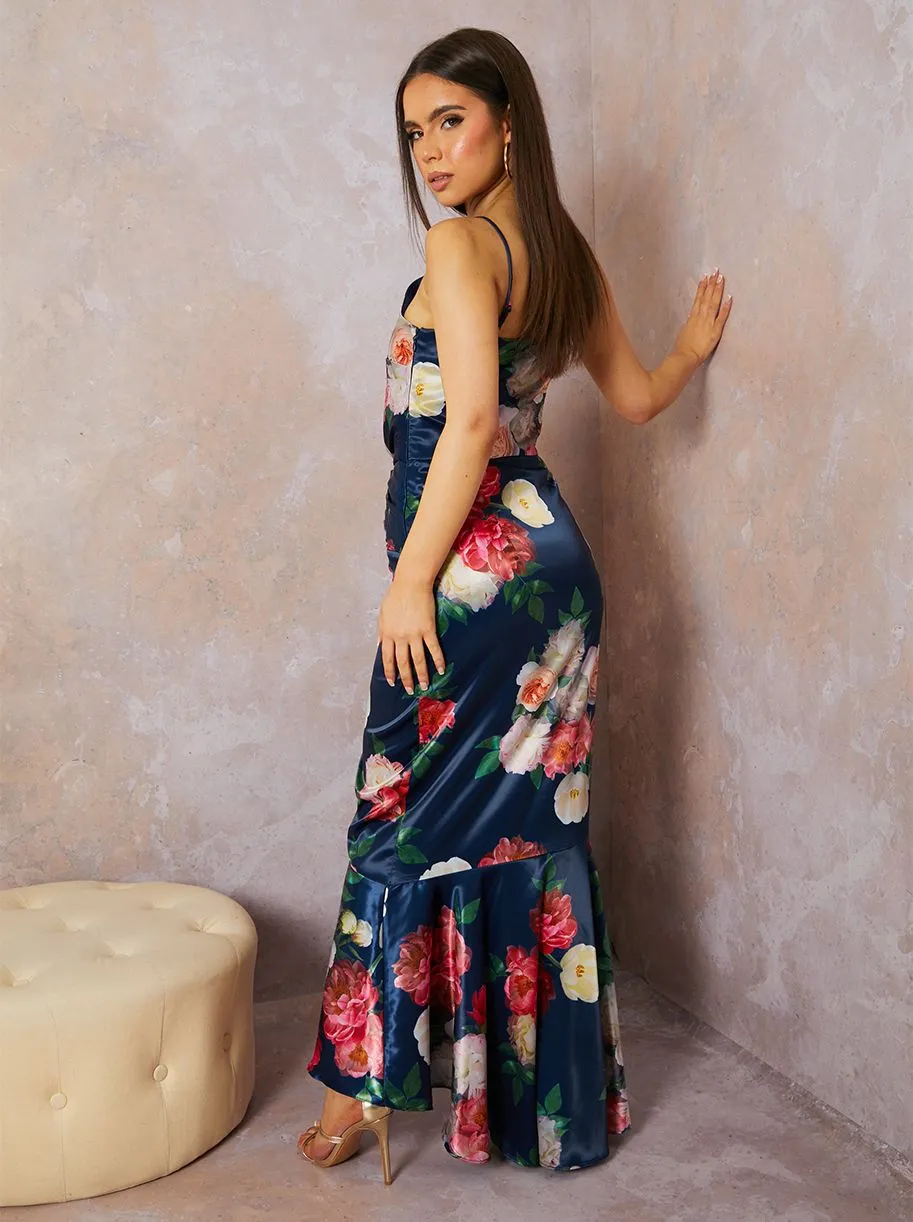 Sleeveless Floral Print Ruffle Hem Midi Dress in Navy sold by Chi Chi London product image thumbnail 3