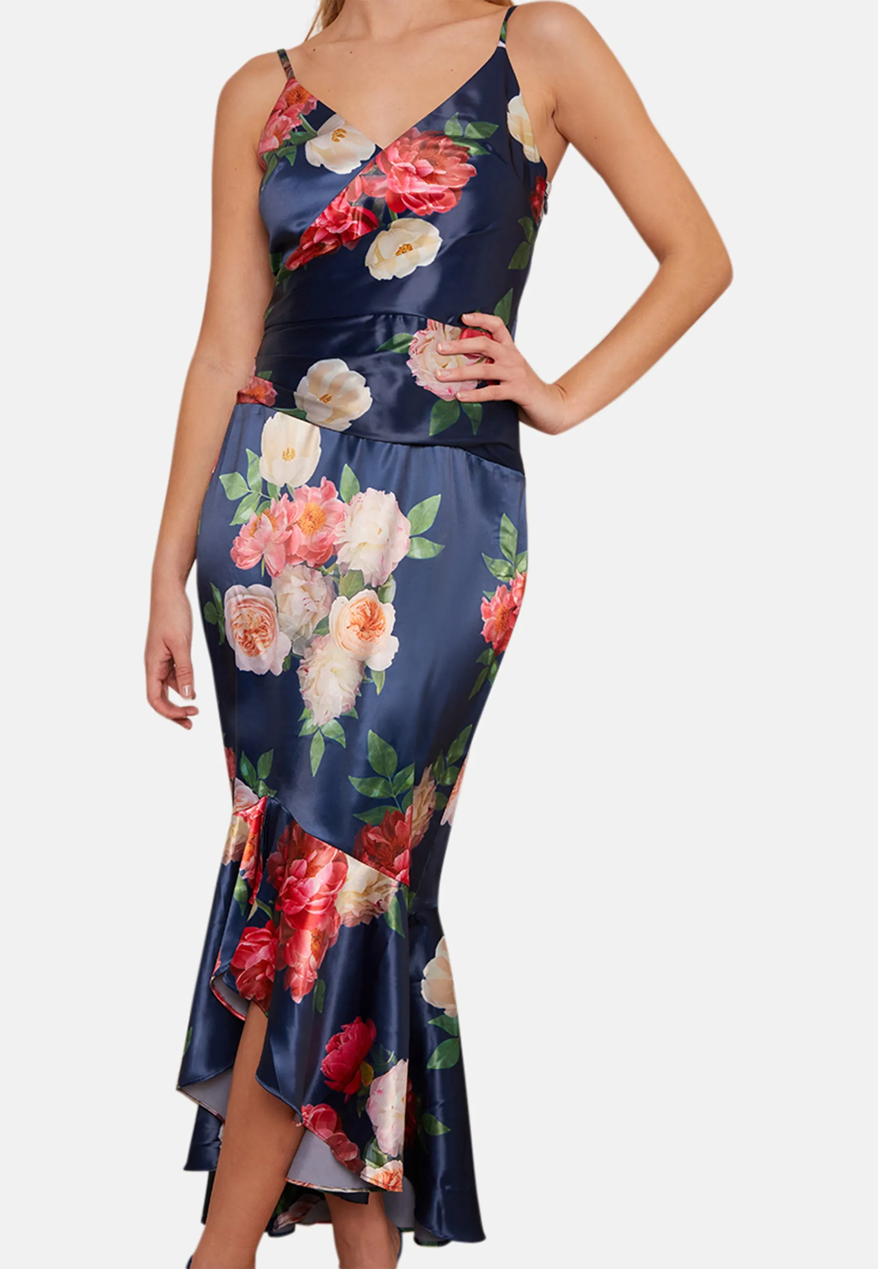 Sleeveless Floral Print Ruffle Hem Midi Dress in Navy sold by Chi Chi London product image thumbnail 4