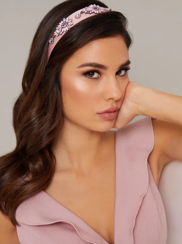 Jewelled Satin Finish Headband in Pink sold by Chi Chi London