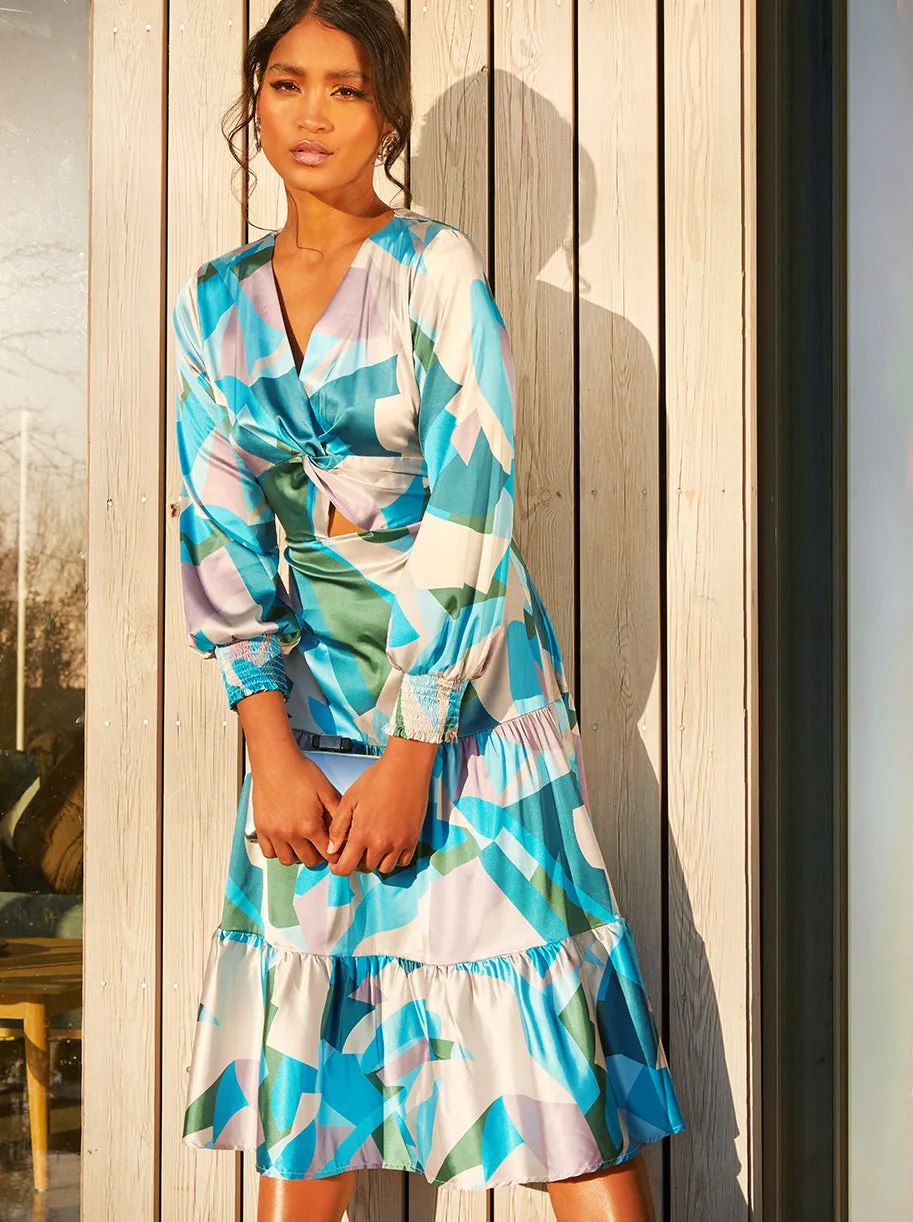 Twist Front Abstract Printed Midi Dress in Blue sold by Chi Chi London