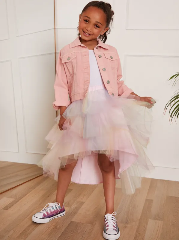 Younger Girls Rainbow Tiered Dip Hem Skirt in Pink sold by Chi Chi London