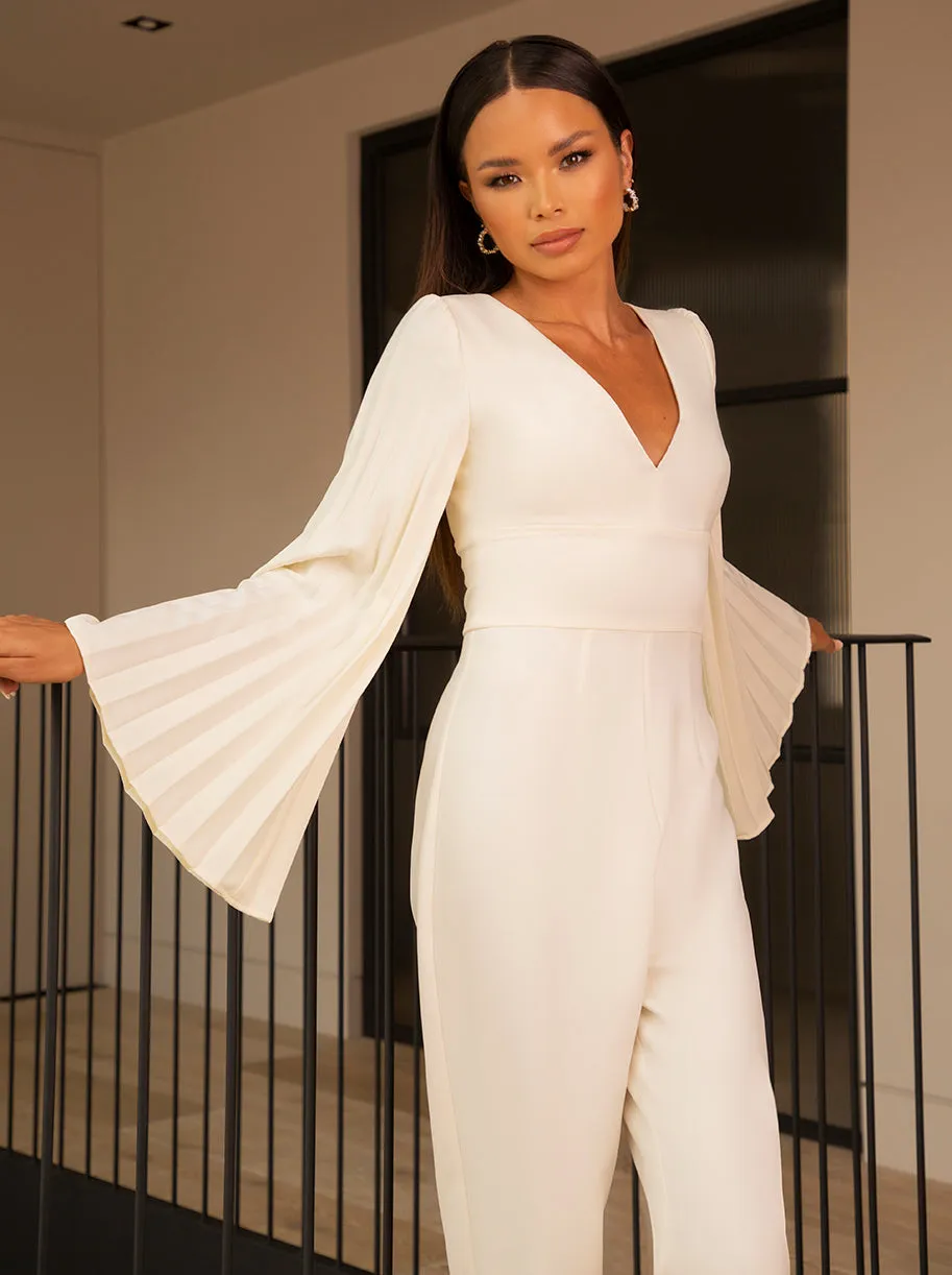Long Bell Sleeve Pleated Jumpsuit in Cream sold by Chi Chi London product image thumbnail 4