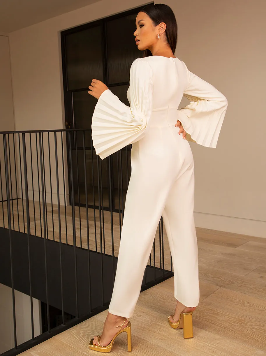 Long Bell Sleeve Pleated Jumpsuit in Cream sold by Chi Chi London product image thumbnail 3