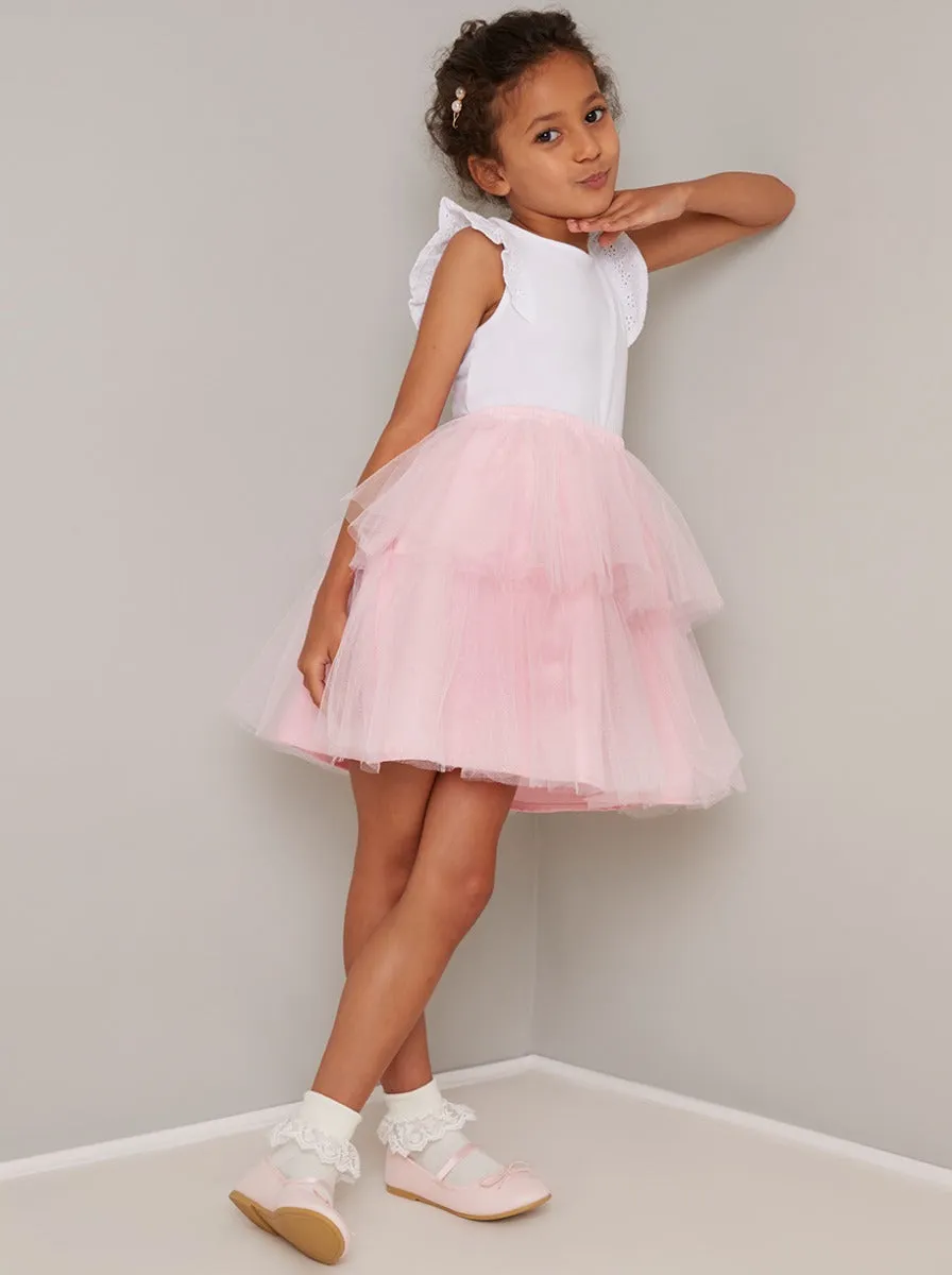 Girls Tiered Tulle Midi Tutu Skirt in Pink sold by Chi Chi London