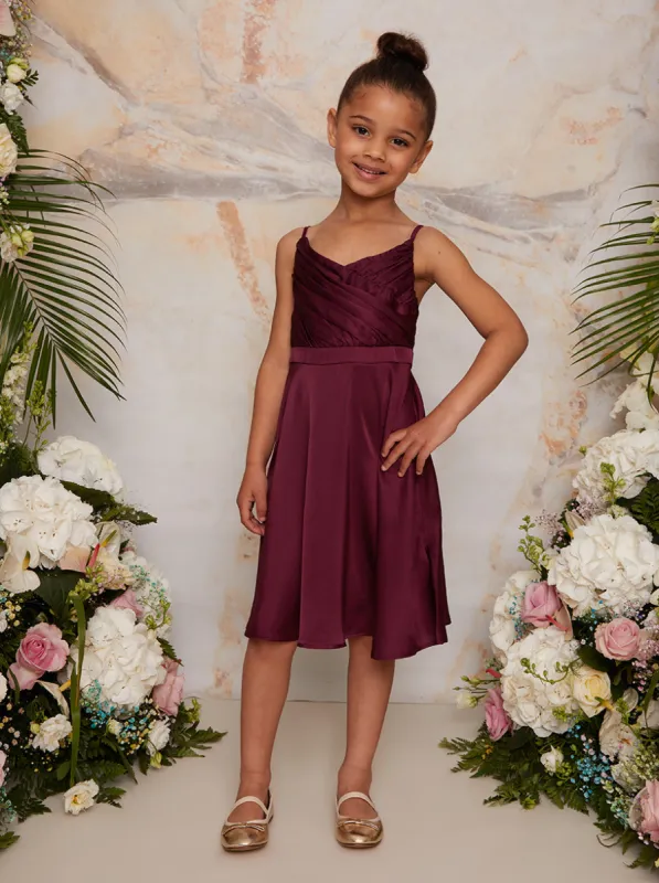 Girls Pleated Satin Flower Girl Dress in Berry sold by Chi Chi London