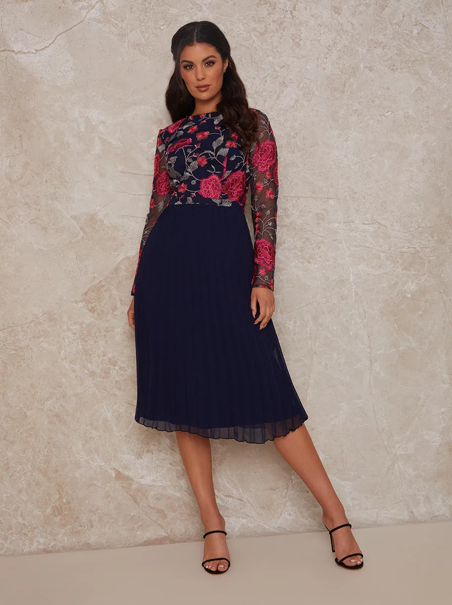 Floral Embroidered Midi Dress in Navy sold by Chi Chi London