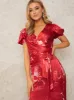 V Neck Puff Sleeve Floral Print Midi Dress in Red sold by Chi Chi London