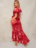 V Neck Puff Sleeve Floral Print Midi Dress in Red sold by Chi Chi London