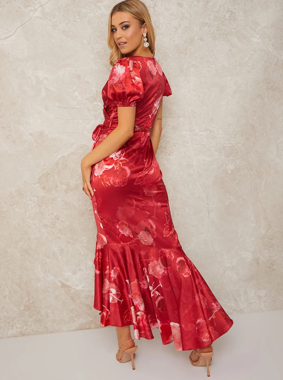 V Neck Puff Sleeve Floral Print Midi Dress in Red sold by Chi Chi London product image thumbnail 3