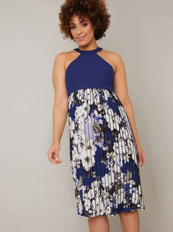 Maternity Halter Neck Floral Pleat Midi Dress in Blue sold by Chi Chi London