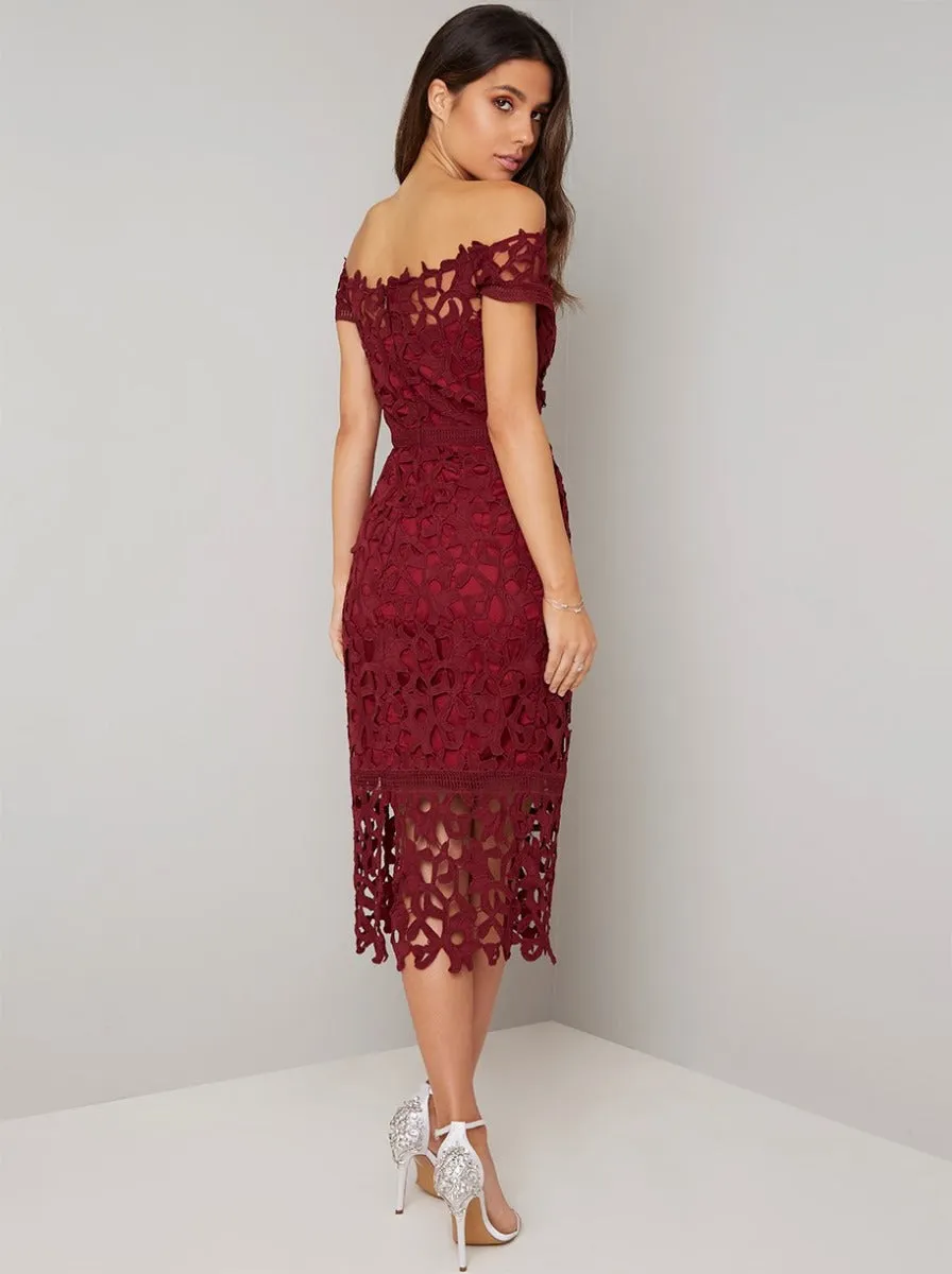 Bardot Premium Lace Bodycon Dress in Red sold by Chi Chi London product image thumbnail 3