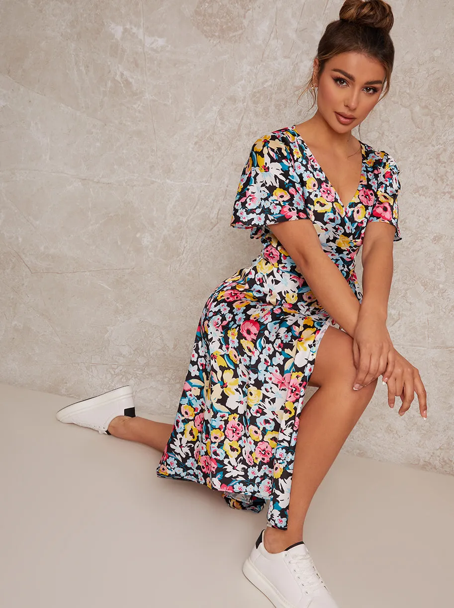 Short Sleeve Floral Print Midi Wrap Day Dress in Black sold by Chi Chi London product image thumbnail 4