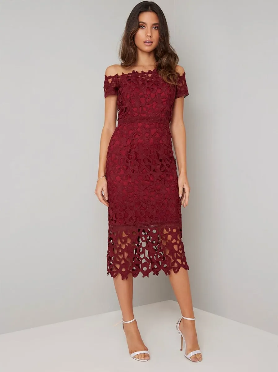Bardot Premium Lace Bodycon Dress in Red sold by Chi Chi London