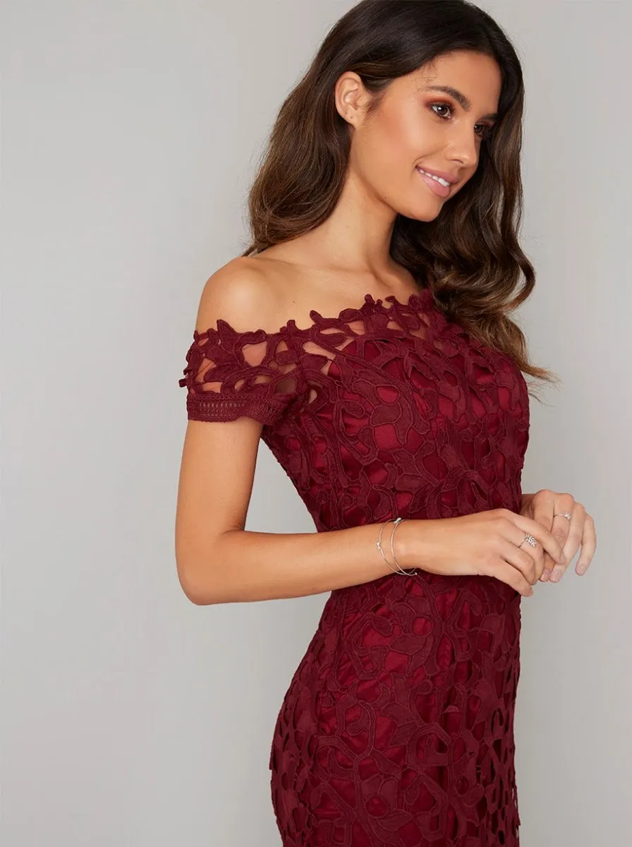 Bardot Premium Lace Bodycon Dress in Red sold by Chi Chi London product image thumbnail 2
