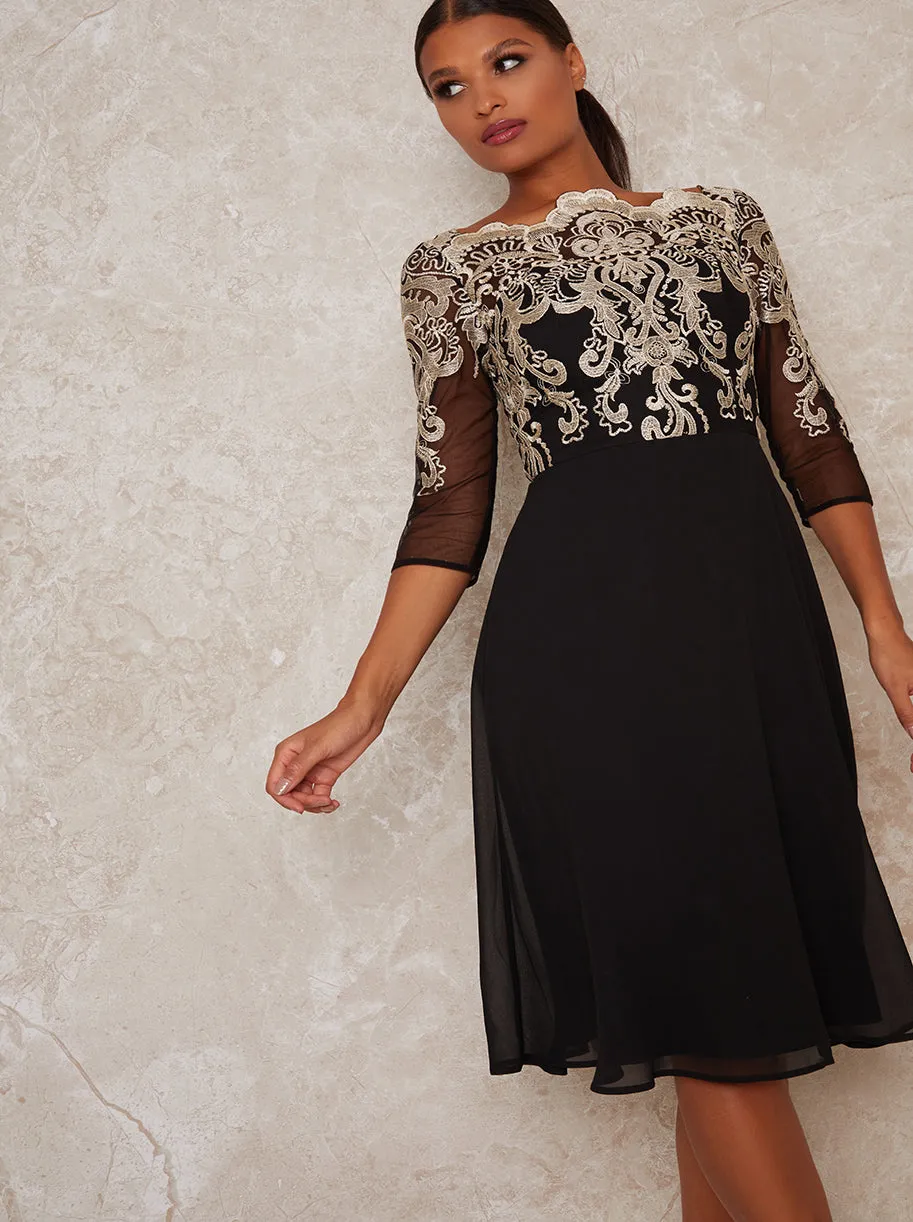 Metallic Lace Sheer Sleeved Midi Dress In Black sold by Chi Chi London product image thumbnail 2
