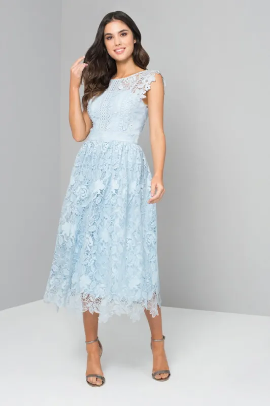 Floral Crochet Lace Midi Dress in Blue sold by Chi Chi London