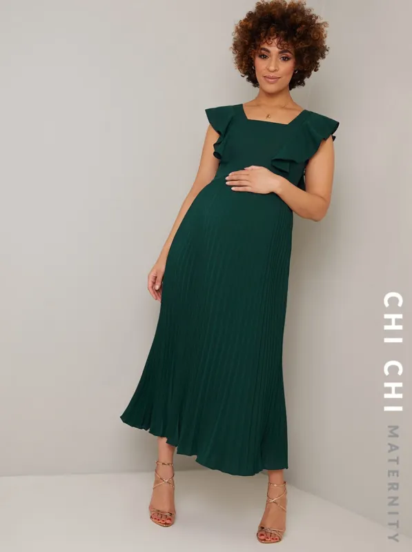 Maternity Pleated Frill Midi Dress in Green sold by Chi Chi London