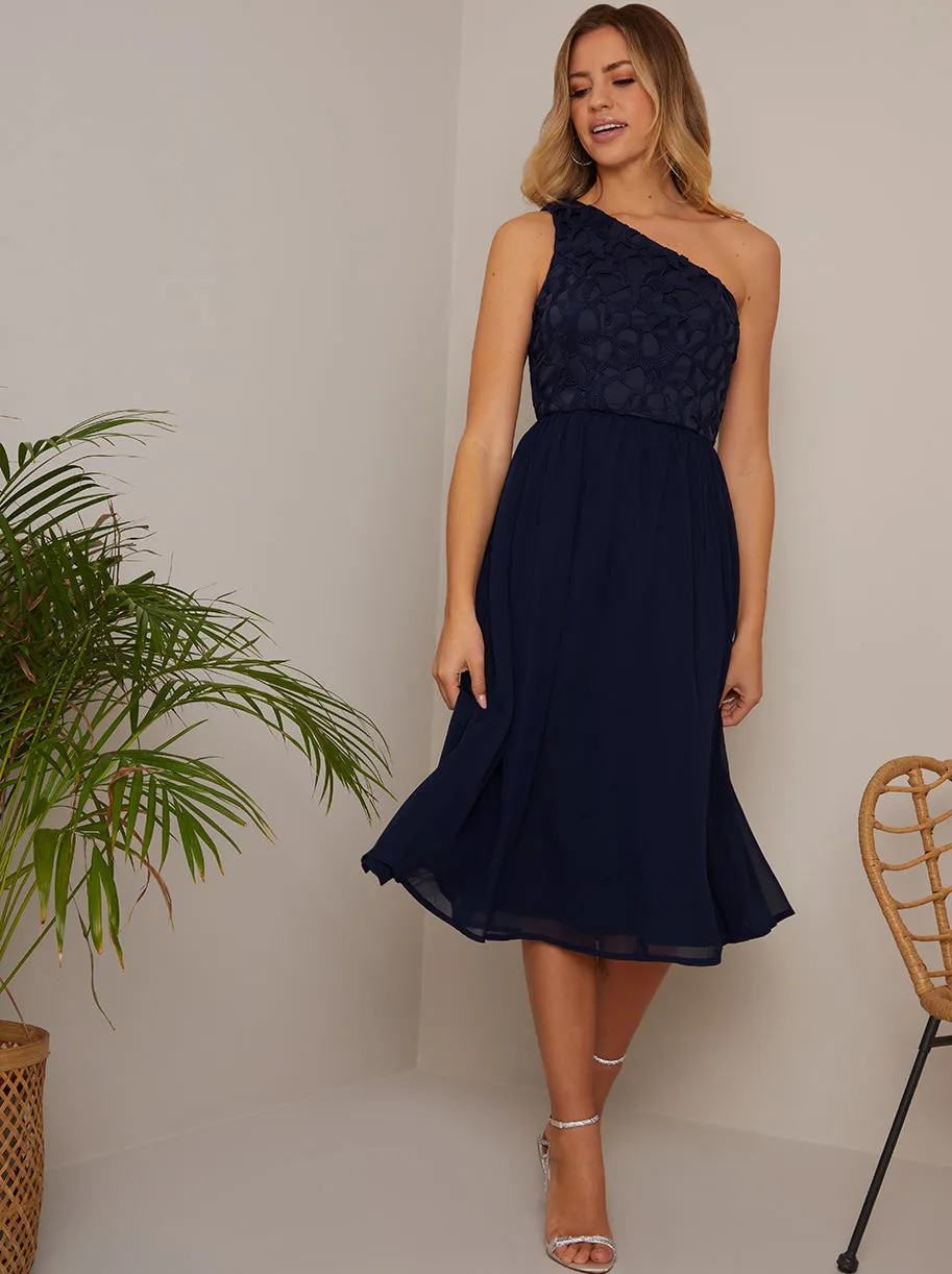 One Shoulder Premium Lace Chiffon Midi Dress in Navy sold by Chi Chi London