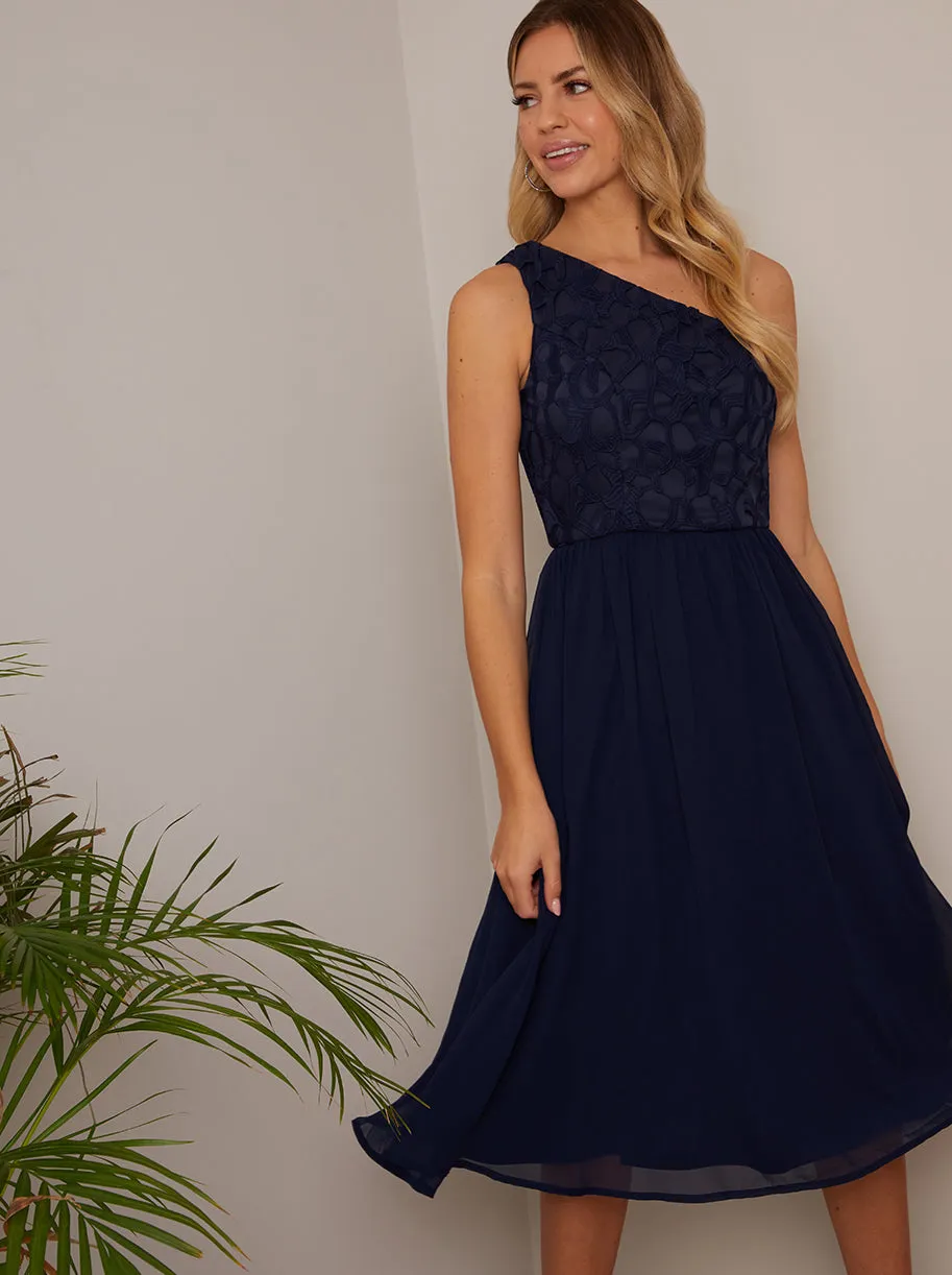 One Shoulder Premium Lace Chiffon Midi Dress in Navy sold by Chi Chi London product image thumbnail 3