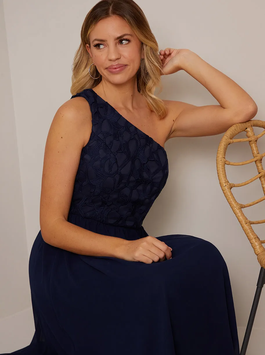 One Shoulder Premium Lace Chiffon Midi Dress in Navy sold by Chi Chi London product image thumbnail 4