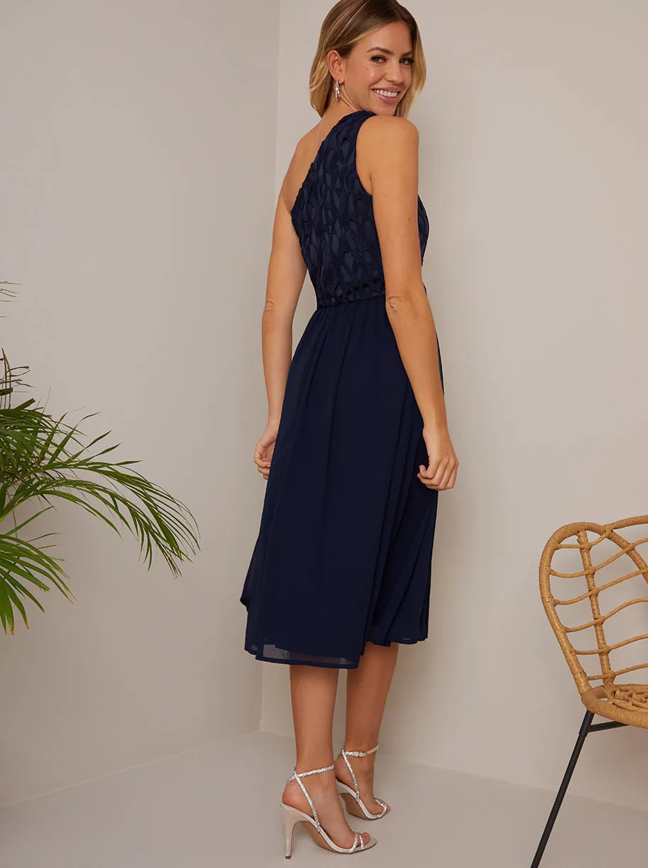 One Shoulder Premium Lace Chiffon Midi Dress in Navy sold by Chi Chi London product image thumbnail 2
