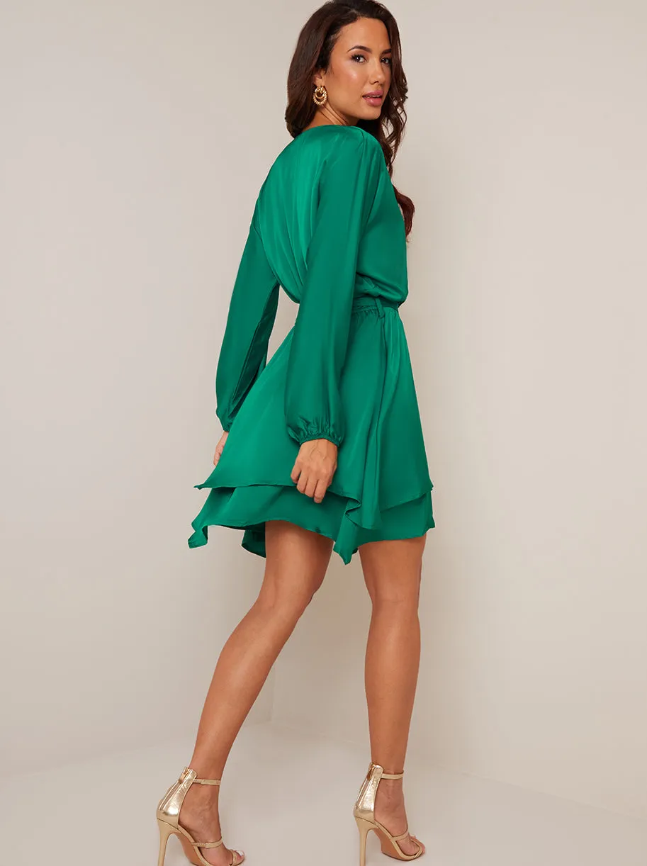 Long Sleeve Satin Wrap Dress in Green sold by Chi Chi London product image thumbnail 4