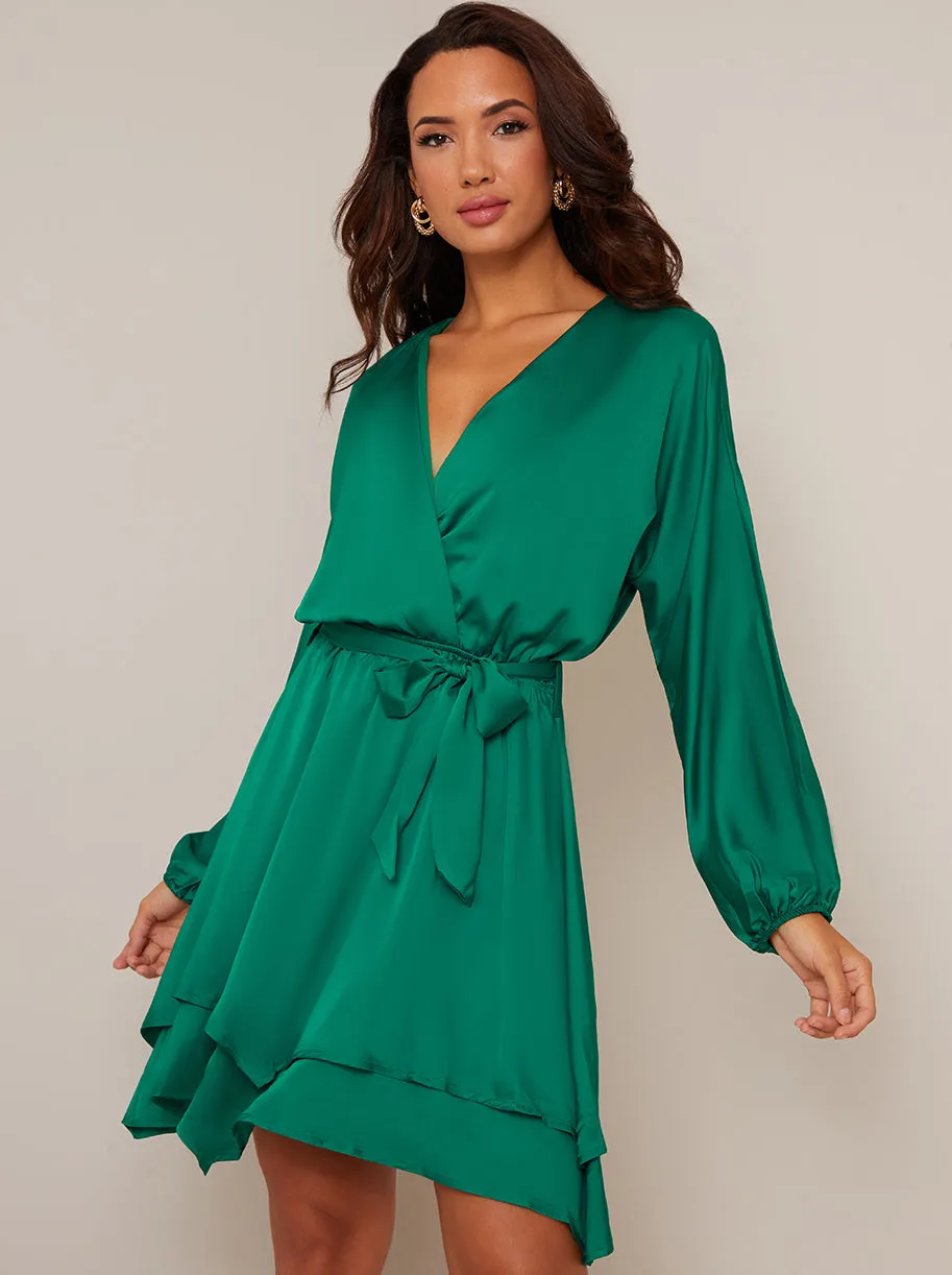 Long Sleeve Satin Wrap Dress in Green sold by Chi Chi London